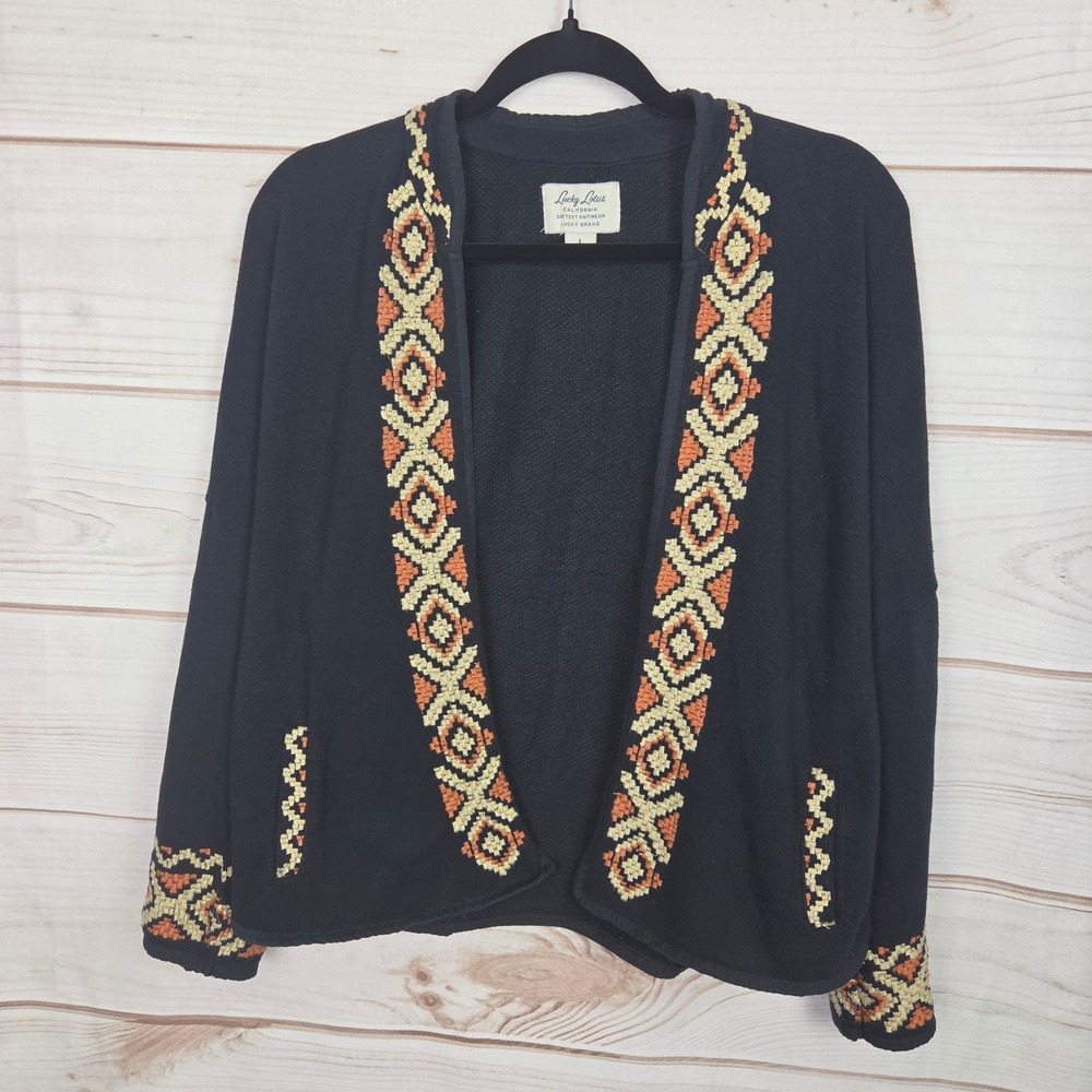 Lucky Brand Lucky Lotus Open Front Sweater Aztec Embroidery Boho Southwest Large